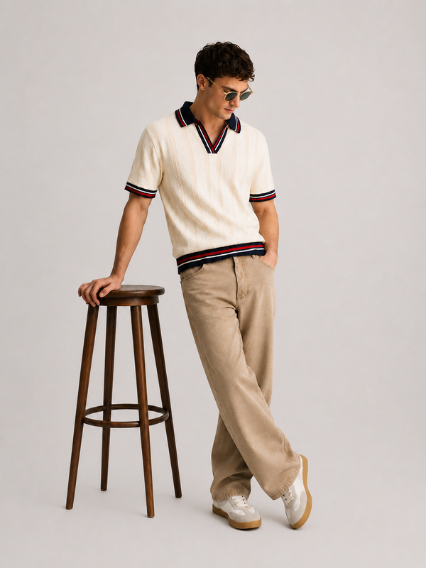 Men's Regular Fit  Cotton Stretchable Jaquard Polo T-Shirt Egret