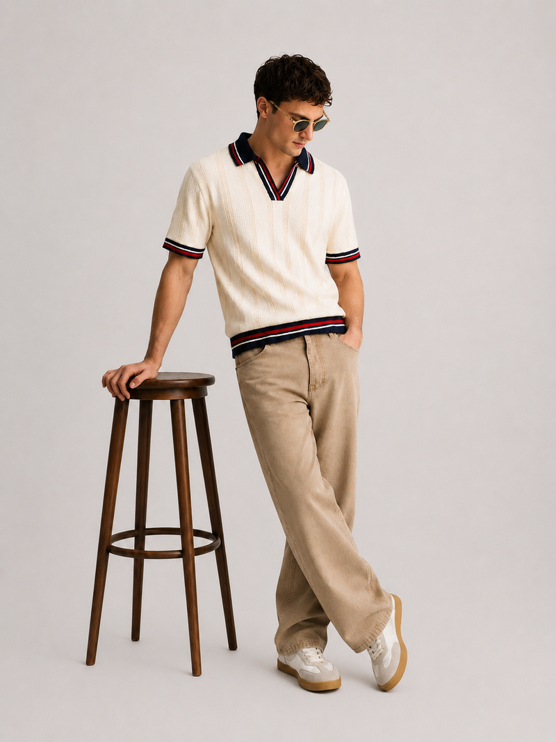 Men's Regular Fit  Cotton Stretchable Jaquard Polo T-Shirt Egret