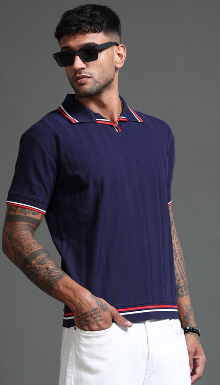 Men's Stretchable Jaquard Polo - Evening Blue