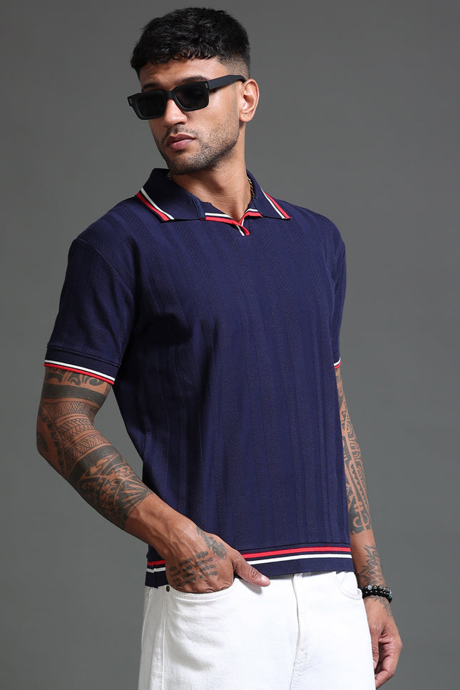 Men's Stretchable Jaquard Polo - Evening Blue