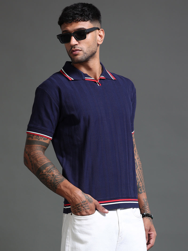 Men's Stretchable Jaquard Polo - Evening Blue