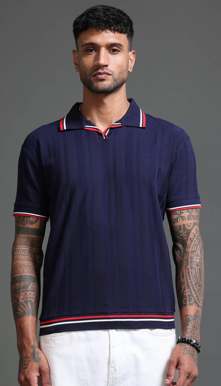 Men's Stretchable Jaquard Polo - Evening Blue
