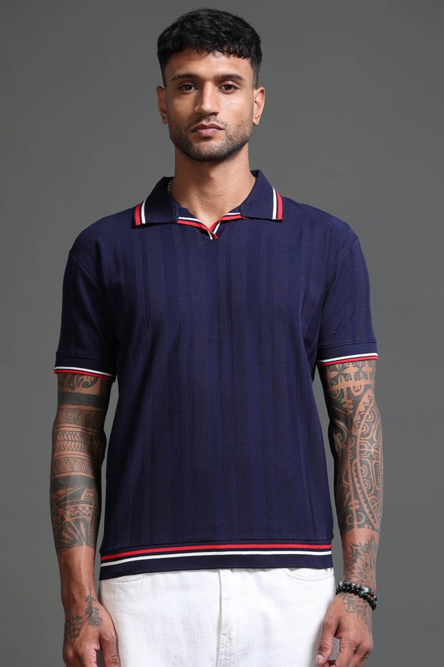 Men's Stretchable Jaquard Polo - Evening Blue