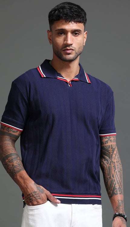 Men's Stretchable Jaquard Polo - Evening Blue