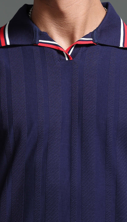 Men's Stretchable Jaquard Polo - Evening Blue