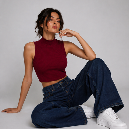 WOMEN's Form Fit Cotton Modal High Neck Tank Top Maroon