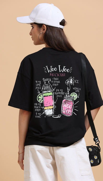 Women's Woo Woo Mocktail Oversized Tshirt - Black