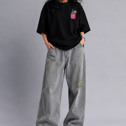 WOMEN's 100% cotton Printed Oversized Tshirt Black