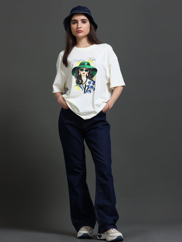 Women's Oversized 100% cotton Printed Oversized Tshirt Cream