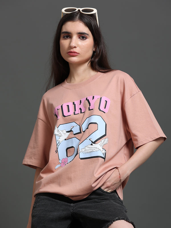 Women's Oversized 100% cotton Printed Oversized Tshirt Mocha