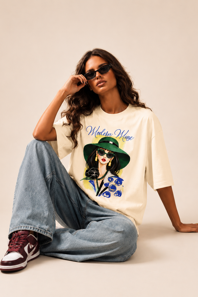 Women's Oversized 100% cotton Printed Oversized Tshirt Cream