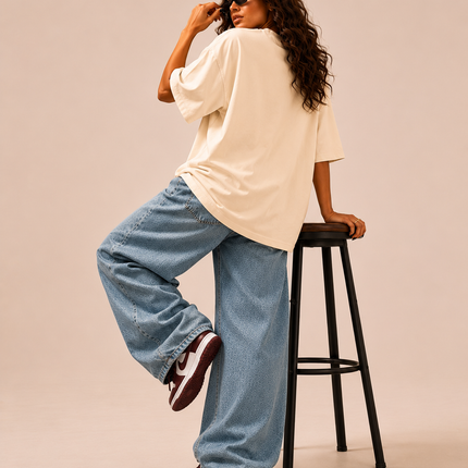 Women's Oversized 100% cotton Printed Oversized Tshirt Cream