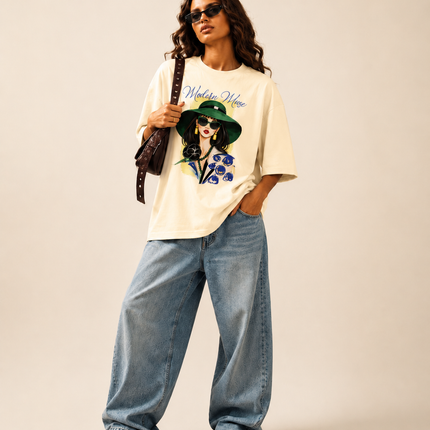Women's Oversized 100% cotton Printed Oversized Tshirt Cream