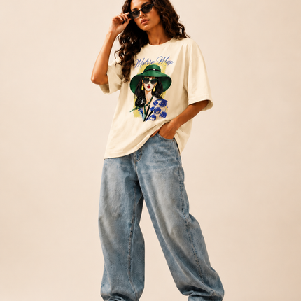 Women's Oversized 100% cotton Printed Oversized Tshirt Cream