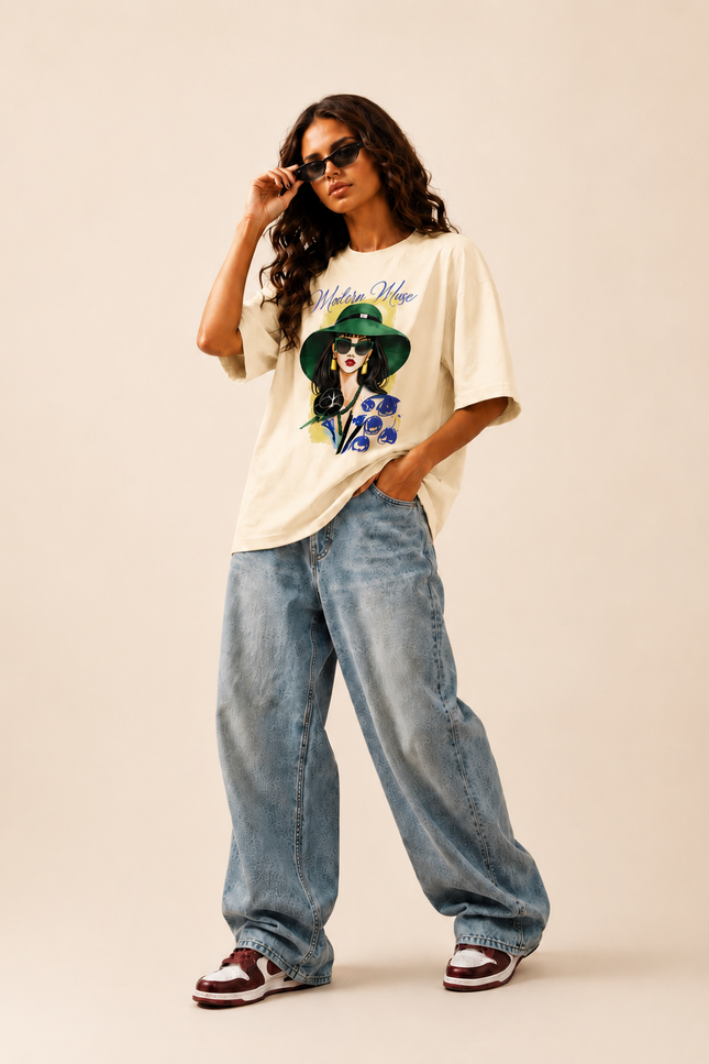 Women's Oversized 100% cotton Printed Oversized Tshirt Cream